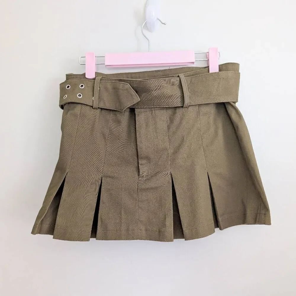 No Vacancy Army Green Belted Pleated Skirt